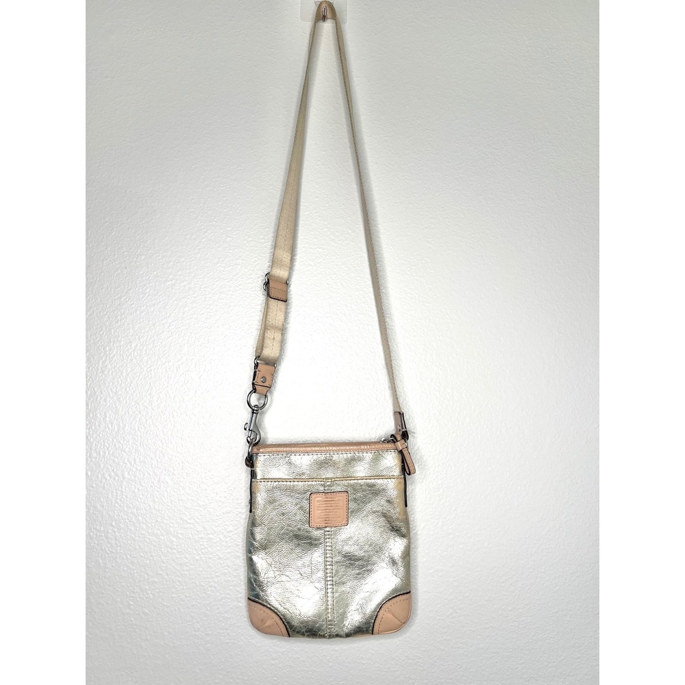Coach Metallic Gold Leather Crossbody Bag Tan Trim Slim Messenger